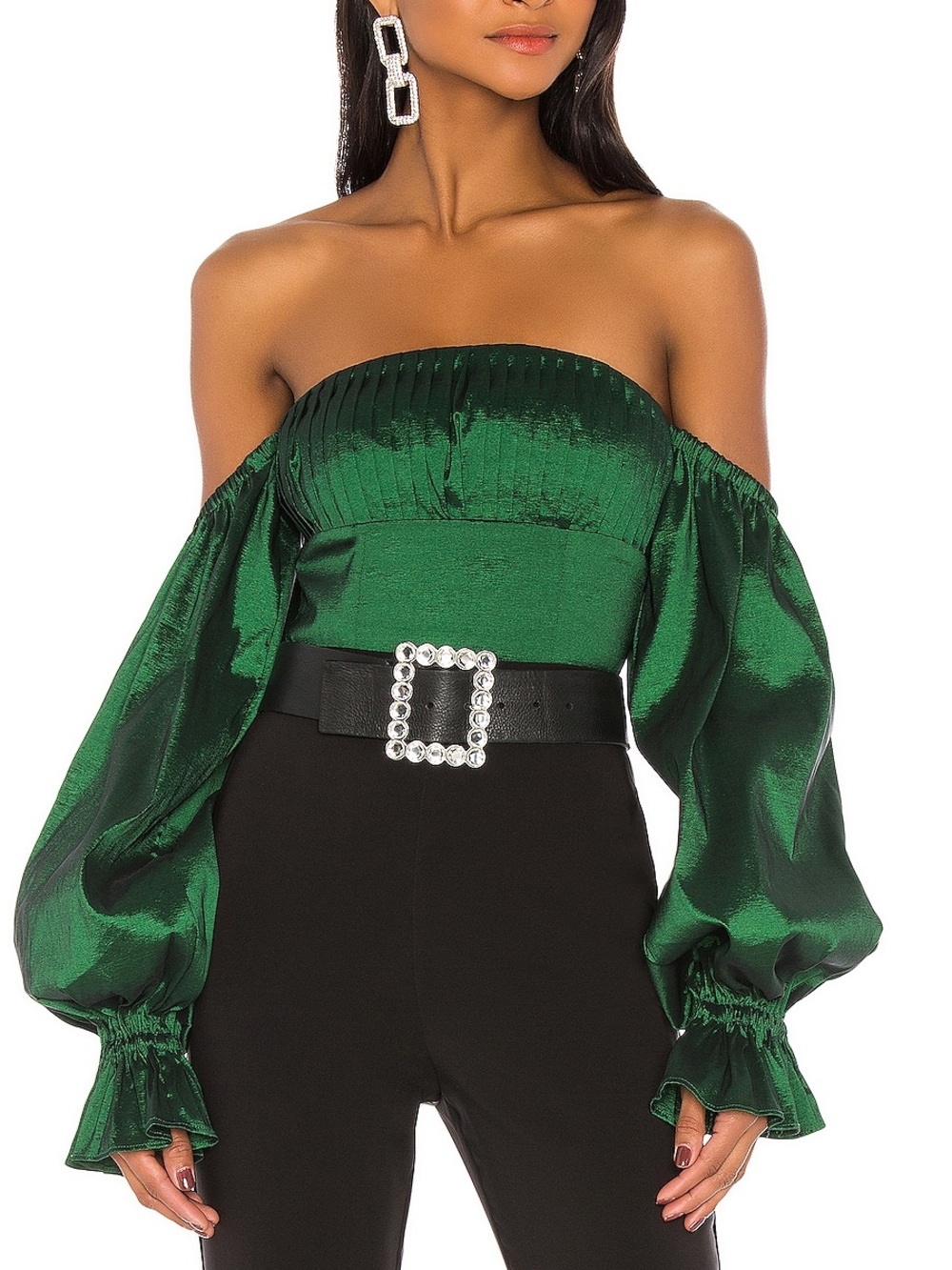 Lovers + Friends Emerald Off-Shoulder Satin Top
